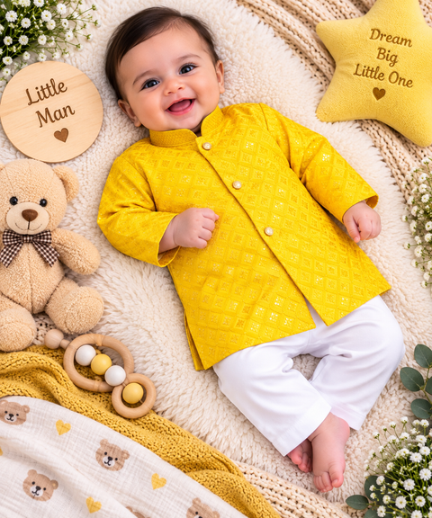 Soft Rayon chikankri sequin based Newborn Kurta Pajama Set with soft inner lining, easy front-open kurta & matching elasticated pajama for comfortable wear.Kurta L 35 cm,Chest 25 cm,Sleeve24 cm,Pajama L 33 cm.Slight variation in colour & design may occur