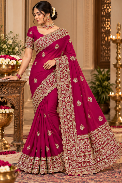 Georgette Saree featuring intricate embroidery, elegant stonework and a rich scalloped border with all-over motif detailing. Attached blouse piece included; model blouse is for reference only. Slight variation in colour and design is possible.