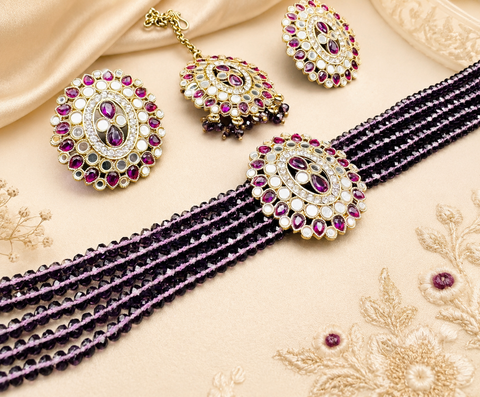 Pearls With Original Mirror Work Choker Set With studs & Tikka(slight variation in color and design is possible )