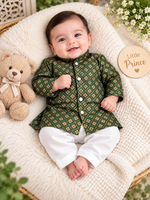 Adorable Brocade Silk Newborn Kurta Pajama Set with soft inner lining, easy front-open kurta and matching elasticated pajama for comfortable wear.Kurta L 35 cm,Chest 25 cm,Sleeve 24 cm,Pajama L 33 cm. Slight variation in colour & design may occur