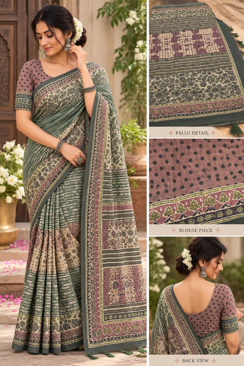 Elegant Chanderi cotton silk saree featuring delicate dotted prints, a beautifully detailed floral pallu and traditional printed border. Lightweight, graceful and perfect for festive or elegant day wear.