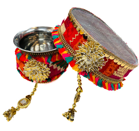 Decorated Karwachauth Thali Set (Thali, Channi, Lota(Kalash) Chunri )(Video Clip Attached )