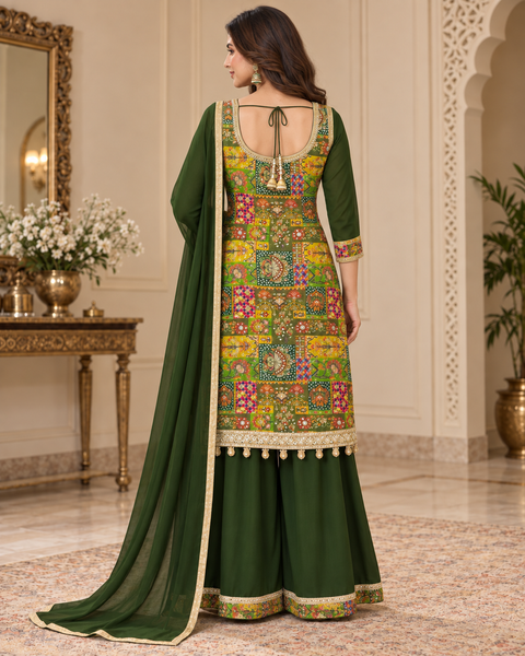 Silk-blend patchwork kameez with mirror & stone work, paired with a flowy circular palazzo and plain georgette dupatta with golden border. Slight variation in colour/design possible