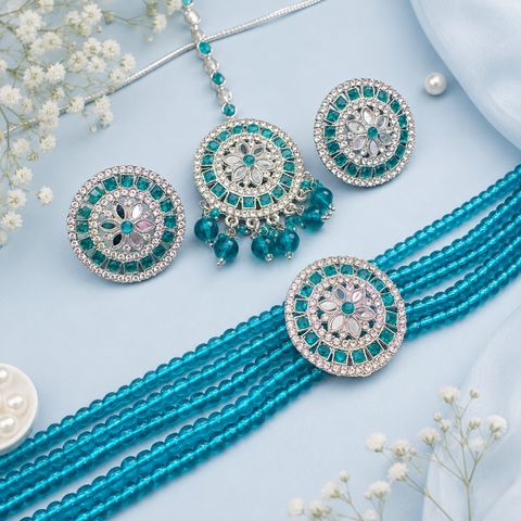 Beautiful jerkan stones and mirror work choker set with beautiful studs & Tikka