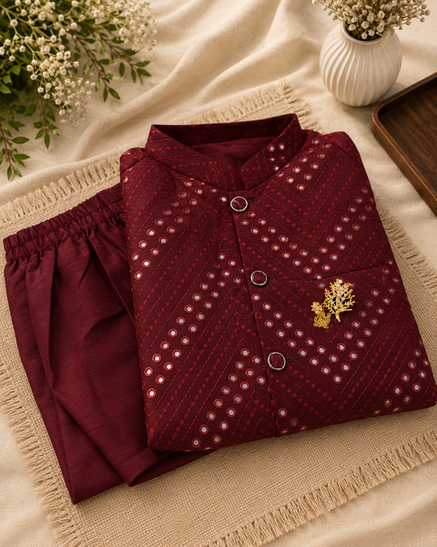 Mirror work Jacket with Raw Silk based Kurta & Pants (slight variation in color and design is possible )