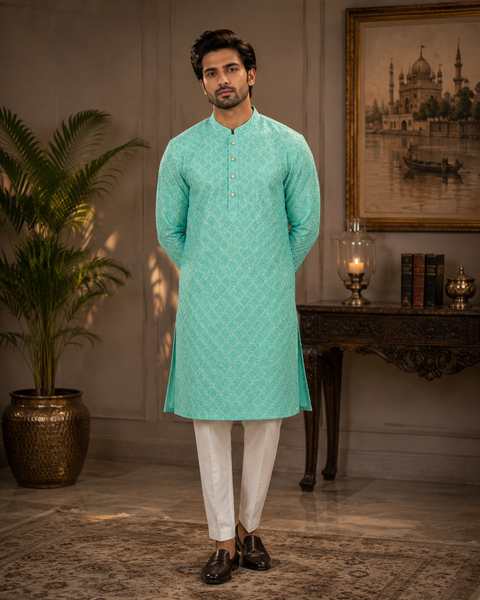 Pure cotton based beautiful embroidery work at front and back with sequins work designer Kurta & white Pajama (slight variation in color and design is possible)