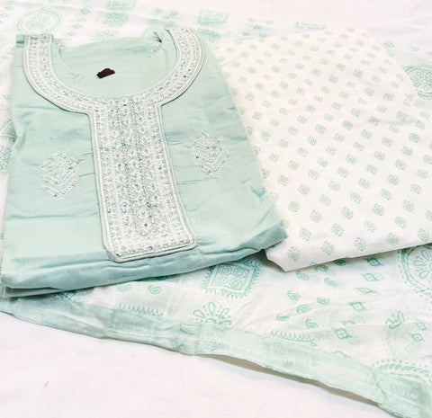 Silk based embroidery & sequined work designer kameez with silk based printed salwar and chiffon based printed dupatta