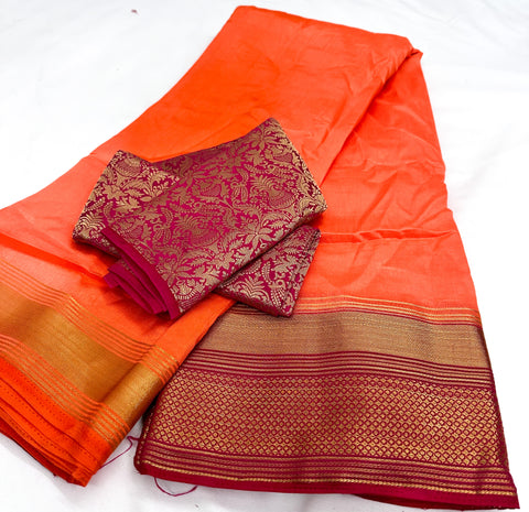 Soft Silk based Broad zari border Saree with Contrast Brocade silk based Blouse