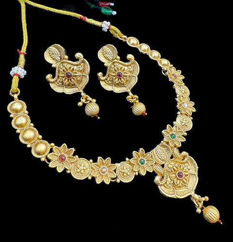 Mat look antique gold traditional necklace set with stones work