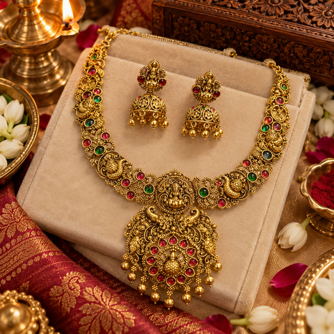 Elegant matte gold-finish Temple Jewellery Set Goddess Lakshmi  motif with beautifully detailed elephant designs and green Ruby stone accents. Comes with matching jhumka earrings(slight variation in color & design may occur)