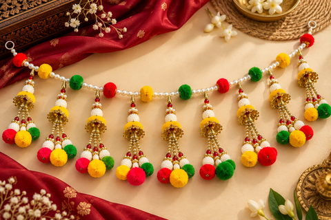 Festive Diwali Door Toran – Beautifully designed with colourful pom-poms, pearl detailing and elegant golden hanging accents. Slight variation in colour and design may occur
