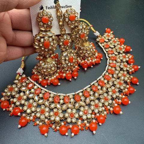 Polki stone with pearls beaded work beautiful necklace with jhumka and tikka set