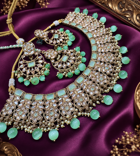 Original Polki stone with pearls beaded work beautiful necklace with jhumka and tikka set