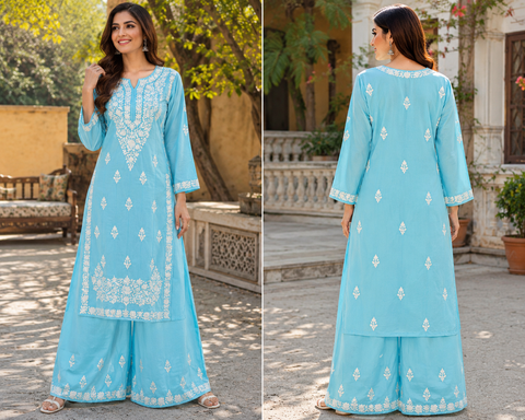 Very soft rayon-based kurti with elegant Lucknowi embroidery at front & back, giving it a graceful and timeless look. Pants are not included – this is kurti only. Slight variation in color and design is possible.
