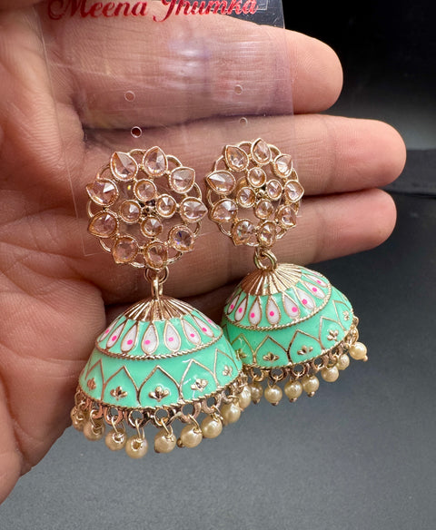 Polki Stone With Pearls Work Beautiful Meenakari Jhumka