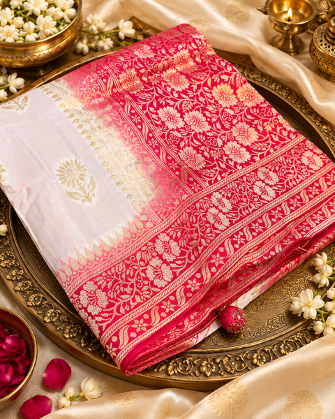 Dola Silk Saree with elegant all-over floral zari weaving and a rich contrasting woven border with detailed pallu. Soft, graceful drape with a luxurious festive look. Contrast blouse piece included.Slight variation in colour and design is possible.