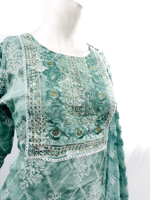 PURE & SOFT COTTON BASED DESIGNER EMBROIDERED & PRINTED WORK KURTI WITH PLAZO PANTS & DUPATTA