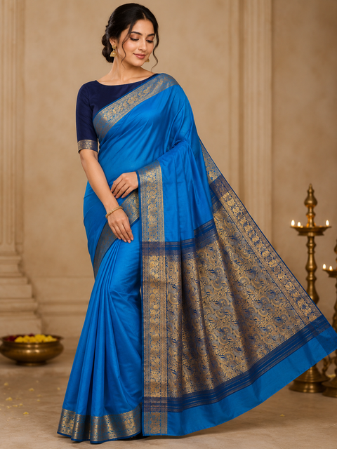 Beautiful Soft Silk Saree With Contrast Zari Border And Contrast Plain Blouse.Saree Comes With An Attached Blouse Piece. Model Blouse Is For Reference Only. Slight Variation In Colour And Design May Occur
