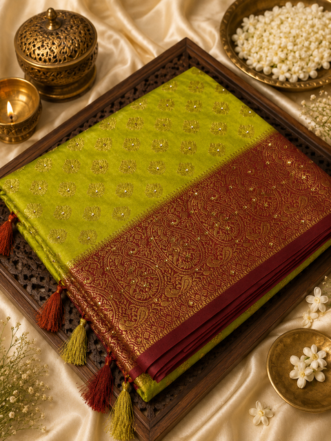 Premium Art Silk Saree featuring elegant zari weaving & stone work throughout; saree comes with an attached blouse piece. Model blouse is for reference only. Slight variation in colour and design may occur