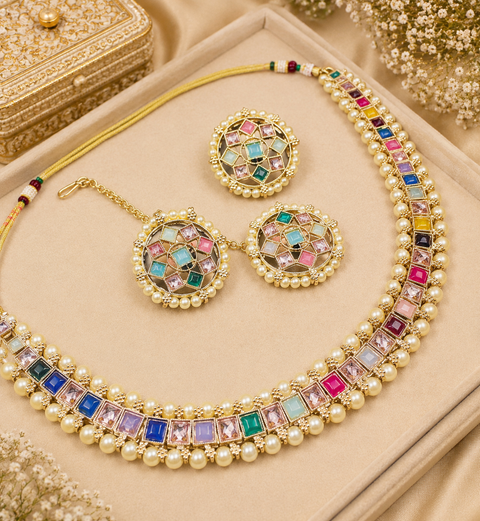 Polki And Pearls Work Beautiful Necklace Set With studs & Tikka