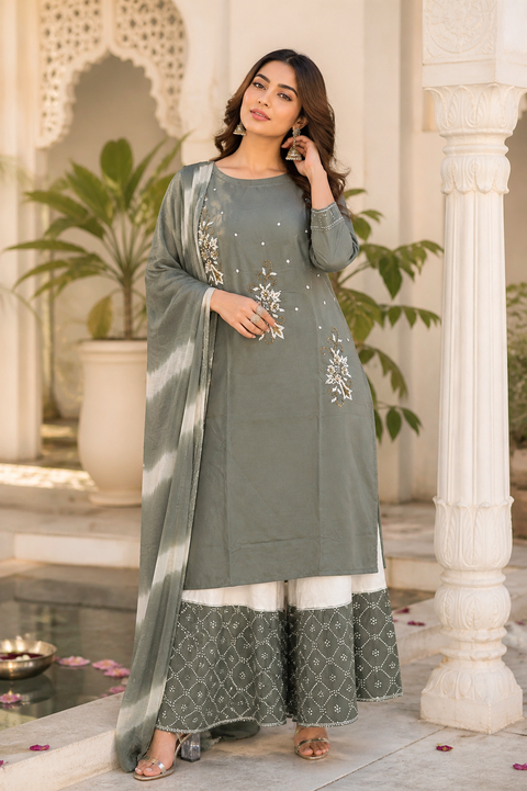 Cotton Rayon Based pearl beaded work  Kurti With sharara pants & Dupatta (slight variance in color and design is possible)