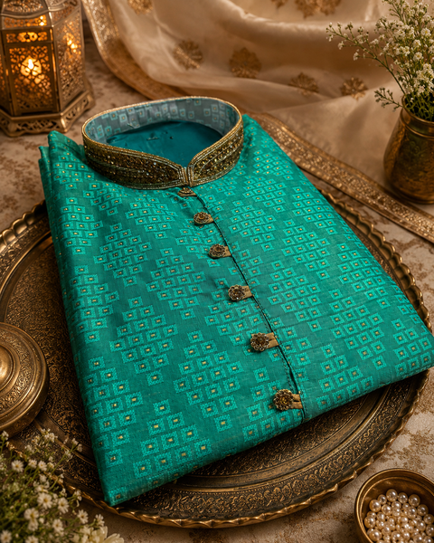 Soft Silk based Heavy brocade work with stone work buttons and neck design , designer Kurta with golden Pajama (slight variation in color and design is possible)