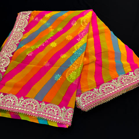 (Video clip attached )Pure and very very soft georgette based lehariya print sarees with gotta patti and sequined work border with contrast blouse