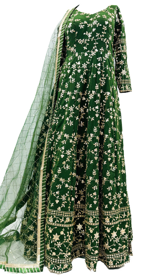 Georgette based embroidery work with sequins  design on neck, heavy flared long kameez with georgette work dupatta