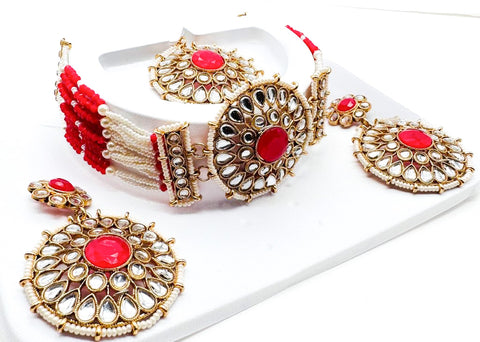 Pearls beaded with Kundan stone beautiful choker necklace with Earrings & Tikka