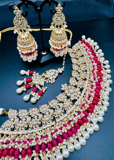 Kundan studded & pearls work designer heavy work Necklace set with beautiful Earrings & Tikka