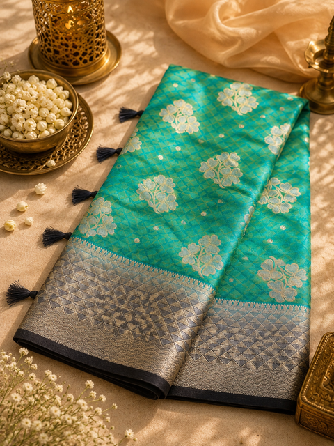 Premium two shaded Silk Saree with rich zari weaving and contrast woven pallu. featuring elegant dual-tone shades.Model-worn blouse is for reference only. Unstitched blouse piece is attached with saree(slight variation in color & design is possible)