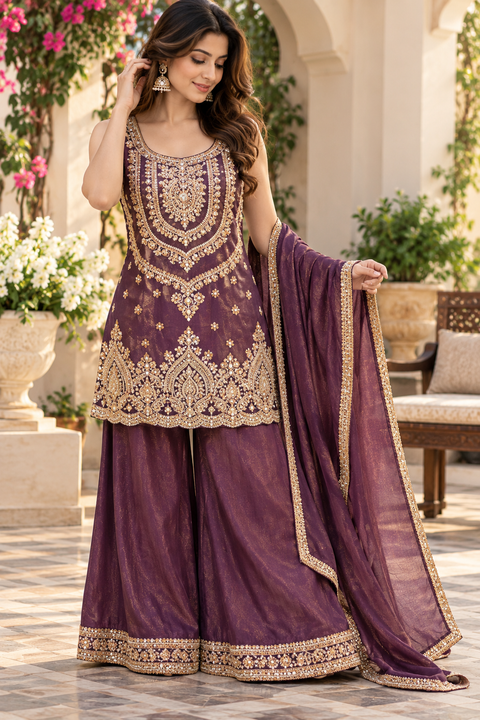 soft Georgette Silk outfit featuring exquisite handwork embroidery all over the kameez, matching loose circular palazzo with handwork detailing, and a beautiful golden-bordered dupatta.Slight variation in colour and design is possible l