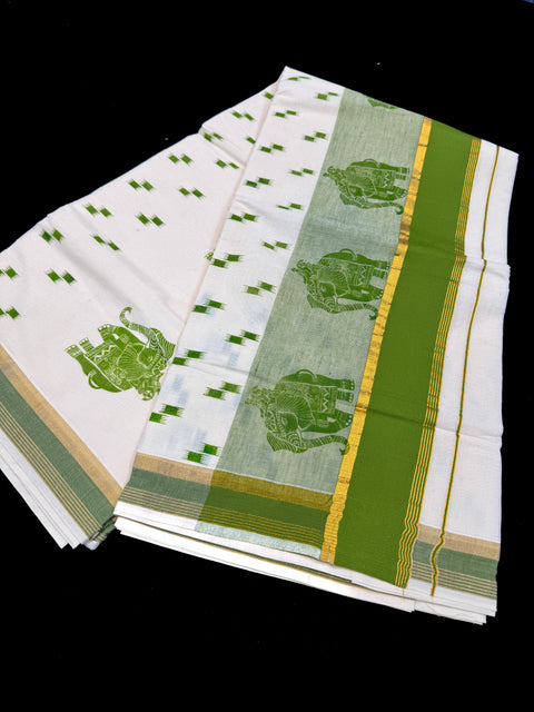 KERALA KASAVU COTTON SAREE WITH BEAUTIFUL ELEPHANT PRINT