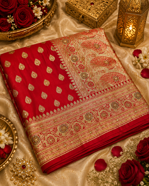 Luxurious Banarasi Silk Saree with rich zari weaving and elegant stone work on the pallu. Comes with an attached blouse piece. Model image is for reference only; slight variation in color and design may occur.
