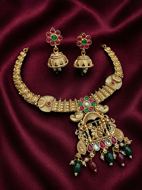 Krishna with peacock design gold look beautiful necklace with jhumka