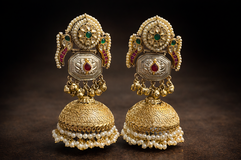 (Video Clip attached) Trending Kashmiri Earrings /Premium antique gold-look finish with intricate handcrafted engraving and delicate pearl drops for an elegant traditional look