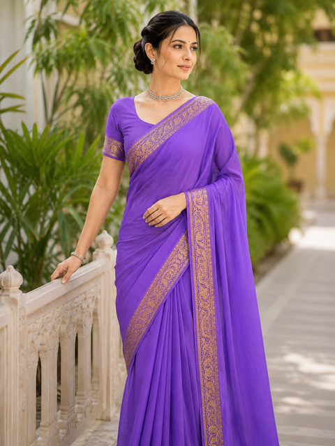 Very very soft pure chiffon georgette Beautiful zari border plain Saree