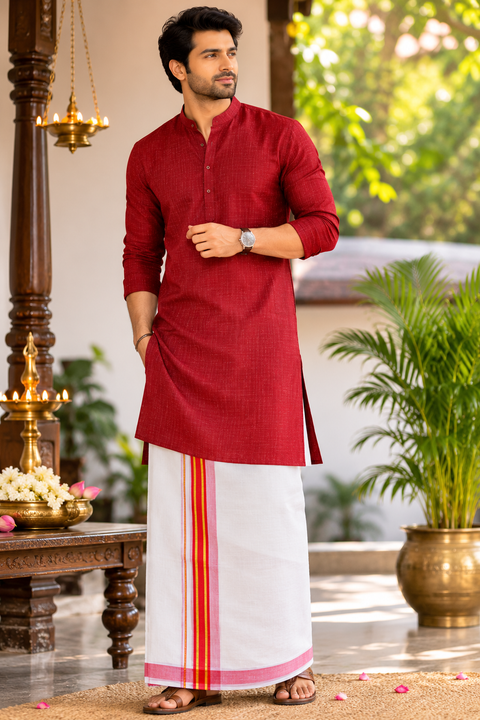 Woven Cotton Kerala Mundu / Dhoti in White ( 4 mtrs )Kurta not included,slight variation is possible