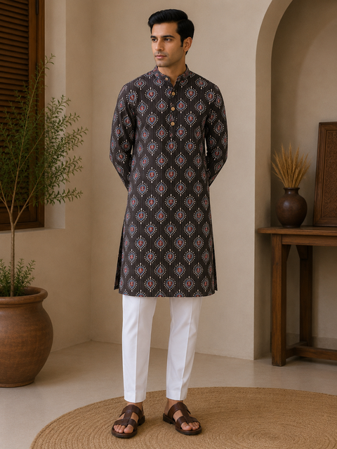 Pure cotton based Men’s Printed kurti (sizes mentioned in inches ,not according to the label on Kurti)size 44 kurti- Length 40 inches and size 46-length 42 inches ) Kurti only. Pants not included.