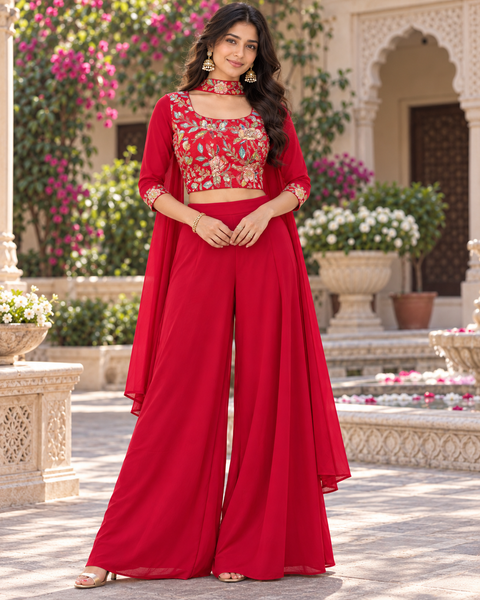 Elegant crepe Silk blouse featuring beautiful embroidery and sequin work, paired with a flowy georgette loose circular palazzo for a stylish Indo Western look. Slight variation in colour and design is possible.
