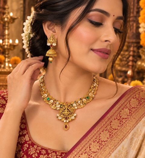 Elegant matte gold-finish Temple Jewellery Set Goddess Lakshmi  motif with beautifully detailed elephant designs and green ,Ruby stone accents. Comes with matching jhumka earrings(slight variation in color & design may occur)