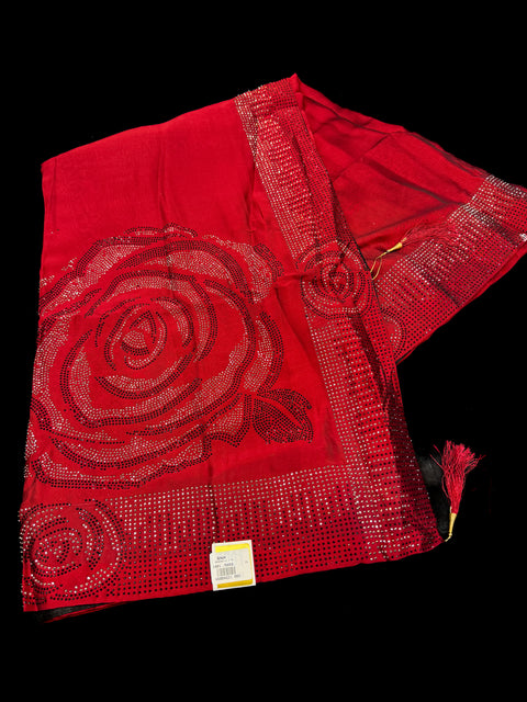 (Video clip attached) Beautiful swarovski Stones work Roses design beautiful Georgette Silk Saree