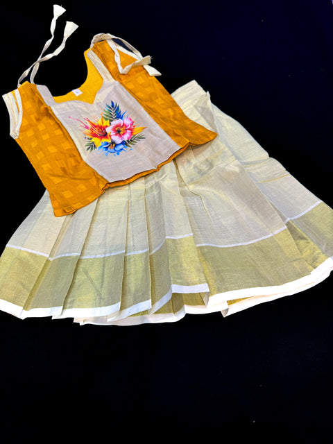 Gold Tissue based kids (Girls)Onam Special blouse and Skirt set