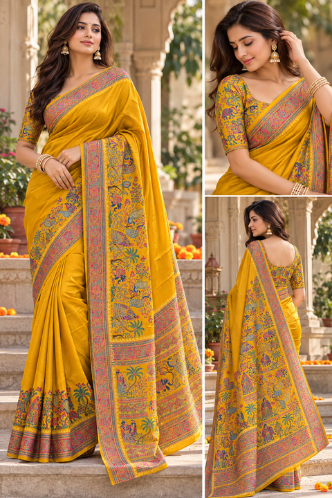 Elegant mustard yellow saree featuring rich multicolour traditional peacock, elephant and floral motifs with a beautifully detailed woven-style border and statement pallu. Blouse piece included. Slight variation in colour and design is possible.
