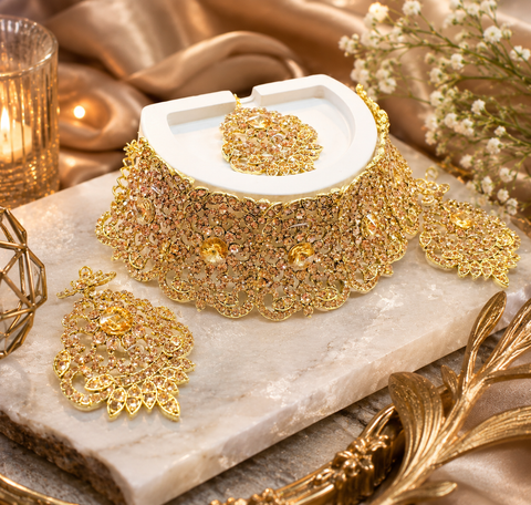 Golden Jerkan Stone Beautiful choker Necklace Set (slight variation in color and design is possible)
