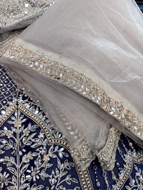 (Video clip attached)Grey & Blue Heavy mirror work designer stylish Blouse with very very heavy flared netting based  princess style lehnga and dupatta