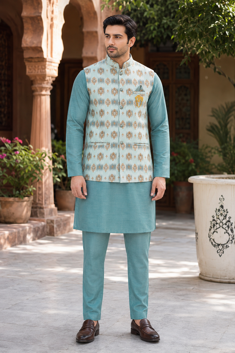 Elegant Teal Blue Kurta Set with Designer Printed Nehru Jacket – A Timeless Choice for Weddings, Festive Celebrations & Special Occasions.
Please note: Slight variation in color and design may occur