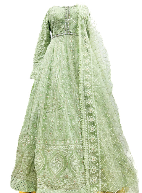 Chiffon based lakhnavi embroidery work with sequins and mirror work design on neck, heavy flared long kameez with heavy embroidery work netting dupatta