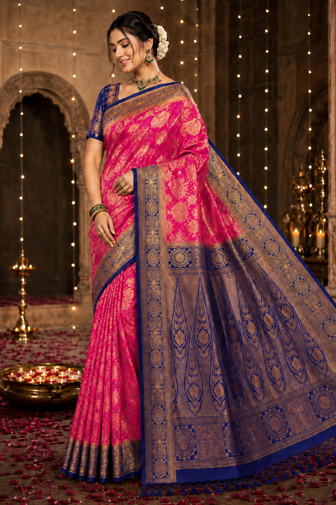 Premium Art Silk Saree Featuring Elegant Zari Weaving & Stone Work Throughout; Saree Comes With An Attached Blouse Piece. Model Blouse Is For Reference Only. Slight Variation In Colour And Design May Occur