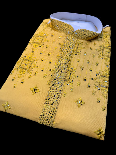 Malmal Rayon based very soft beautiful embroidery work at front and back & on sleeves with sequins work designer Kurta & Pajama
